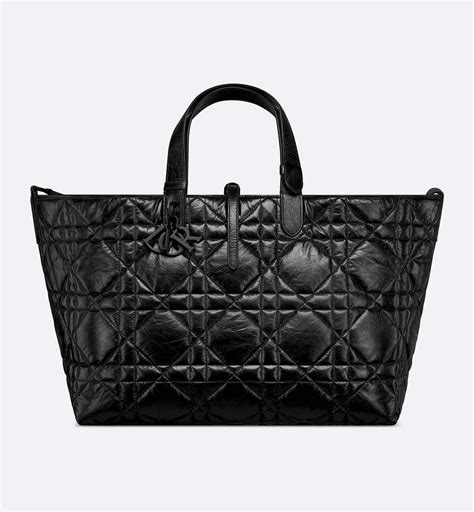 Large Dior Toujours Bag Black Macrocannage Crinkled Calfskin